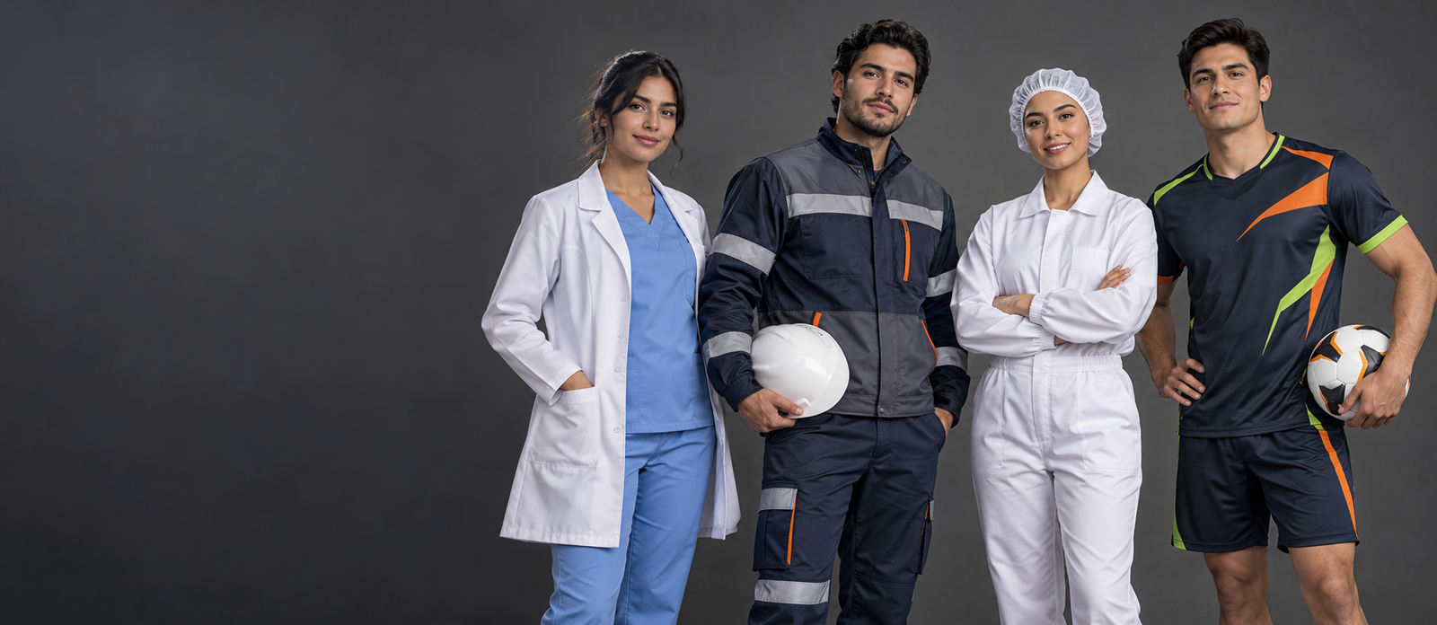 Equipo de Nico Sport mostrando uniformes de salud, industrial, alimentario y deportivo